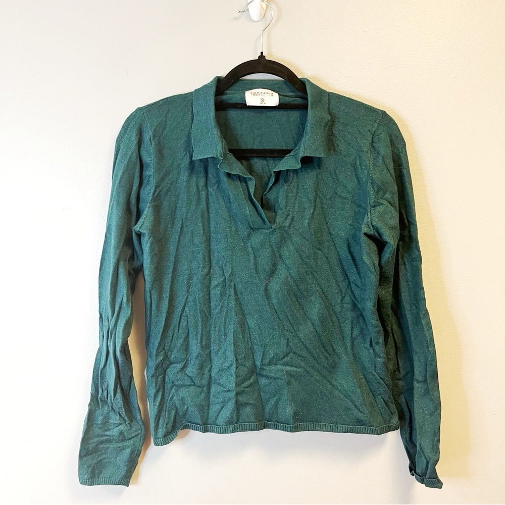Compañia Fantastica Sweater Teal Henley Slit Neck Collared Long Sleeve Sz M EUC